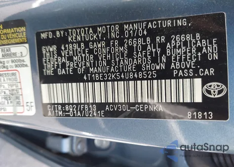 2004 Toyota Camry Le/Xle/Se from USA, damaged, VIN 4T1BE32K54U848525
